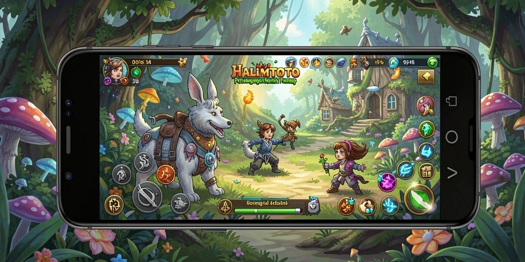 Screenshot gameplay HALIMTOTO menampilkan karakter menjelajahi dunia penuh warna.