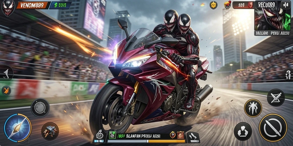 Tampilan menarik dari gameplay balapan motor dalam VENOM889.